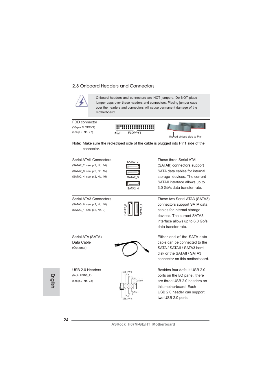 English, 8 onboard headers and connectors | ASRock H67M-GE__HT User Manual | Page 24 / 271
