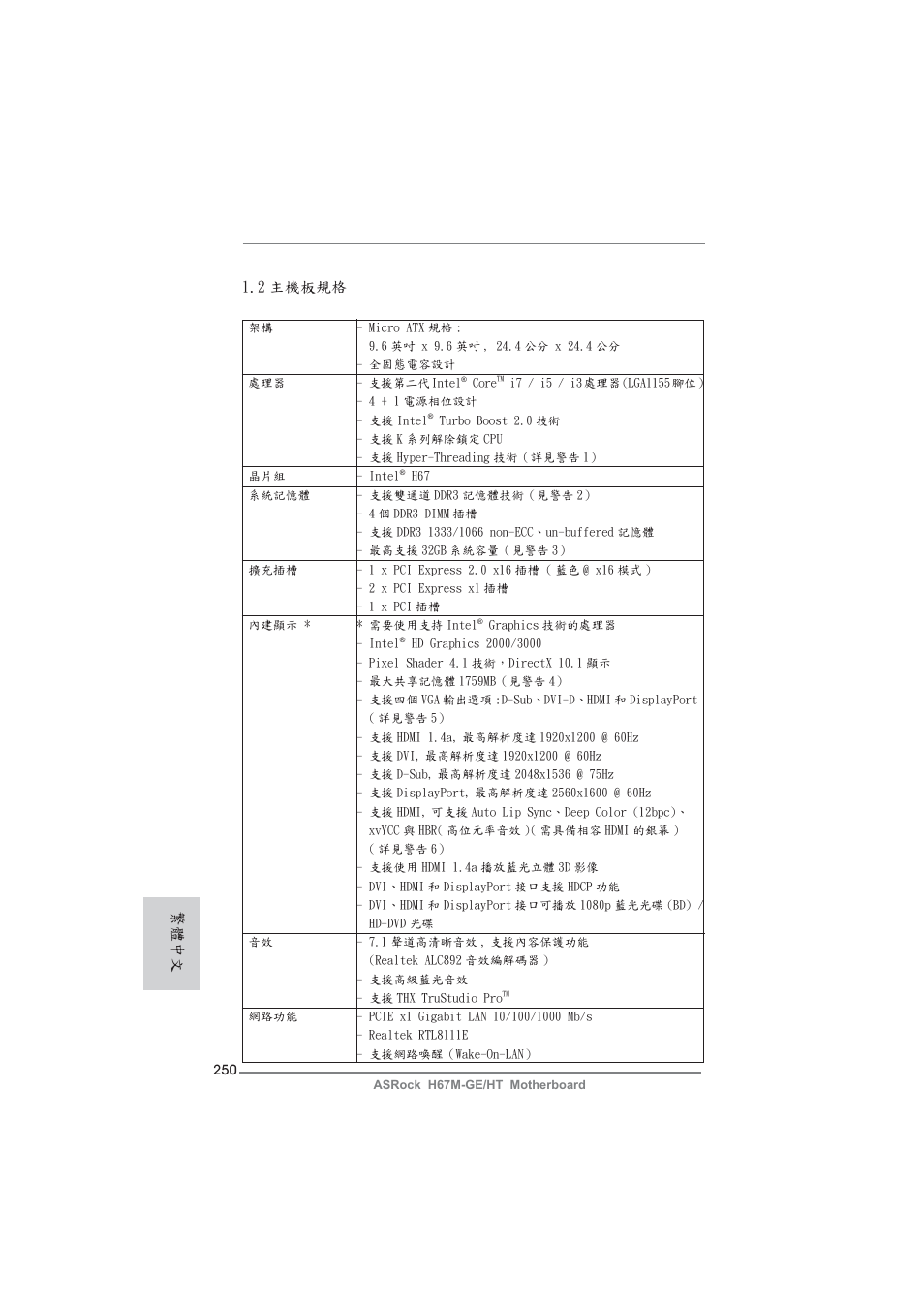 2 主機板規格, 繁體中文 | ASRock H67M-GE__HT User Manual | Page 250 / 271