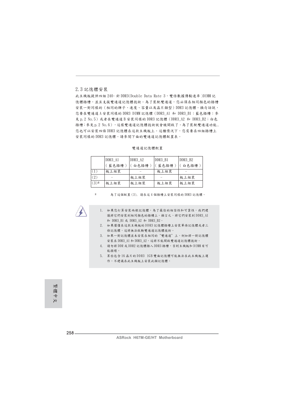 3 記憶體安裝, 繁體中文 | ASRock H67M-GE__HT User Manual | Page 258 / 271