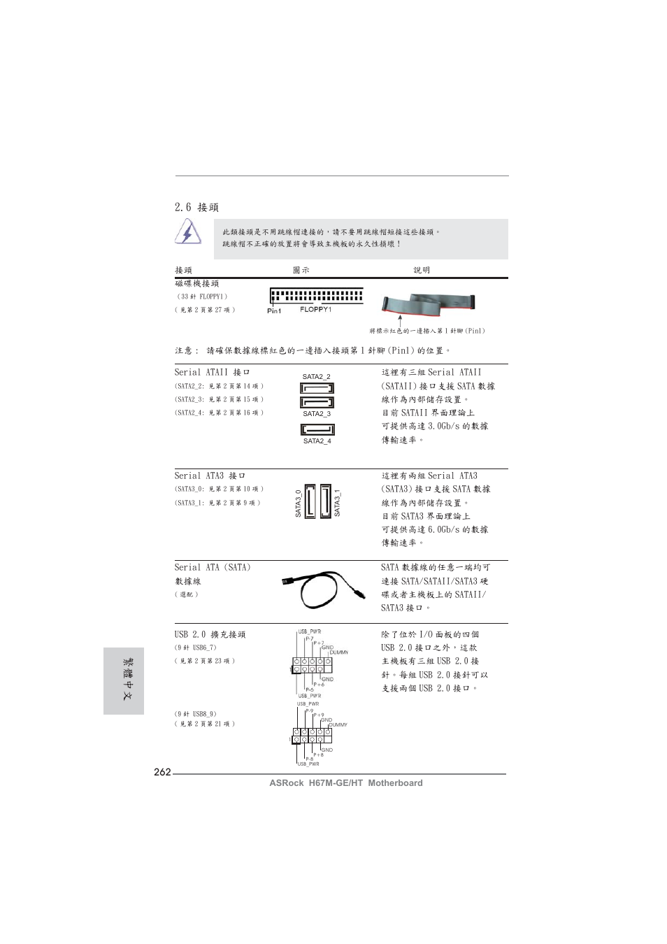 6 接頭, 繁體中文 | ASRock H67M-GE__HT User Manual | Page 262 / 271