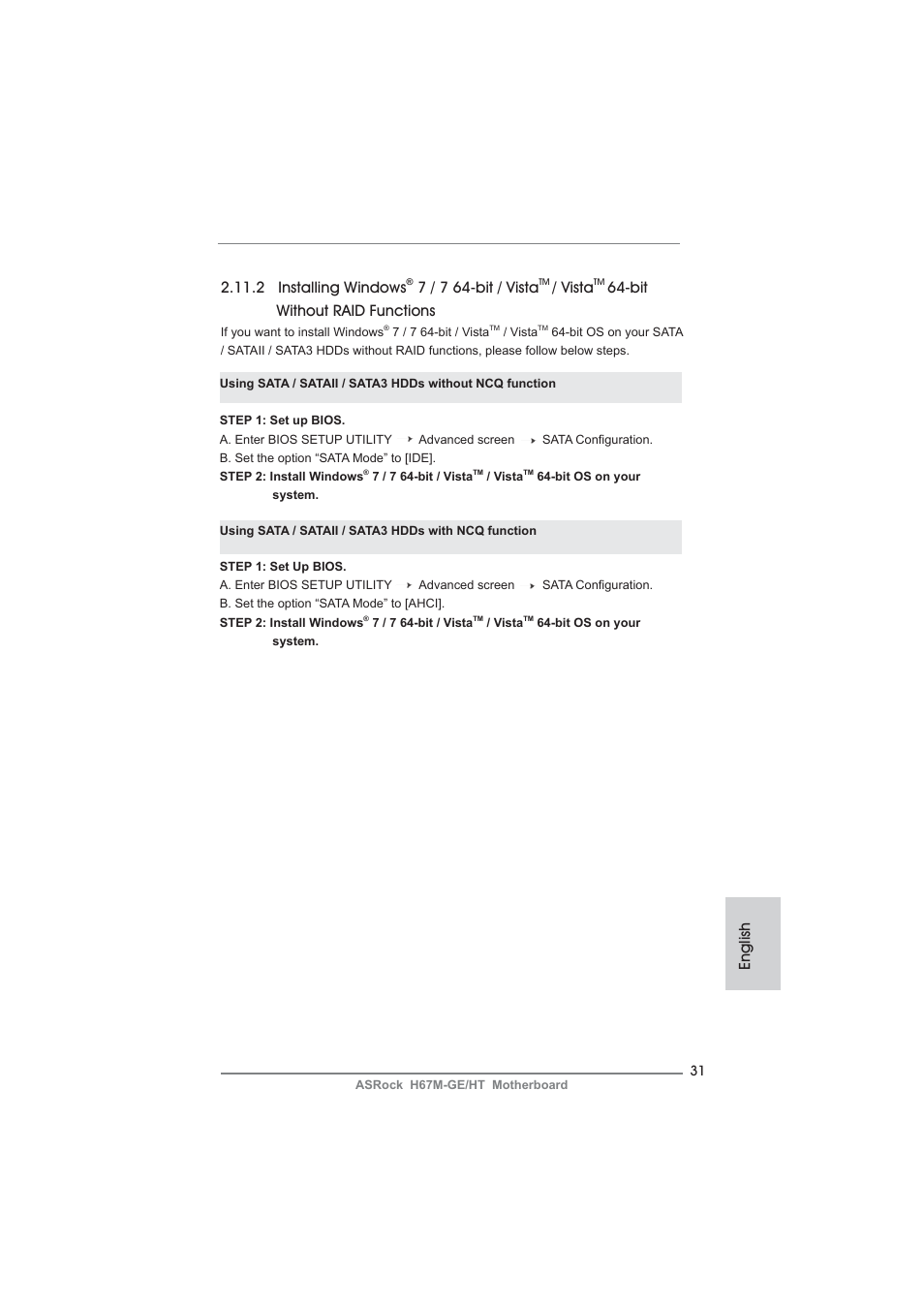English 2.11.2 installing windows, 7 / 7 64-bit / vista, Vista | Bit without raid functions | ASRock H67M-GE__HT User Manual | Page 31 / 271
