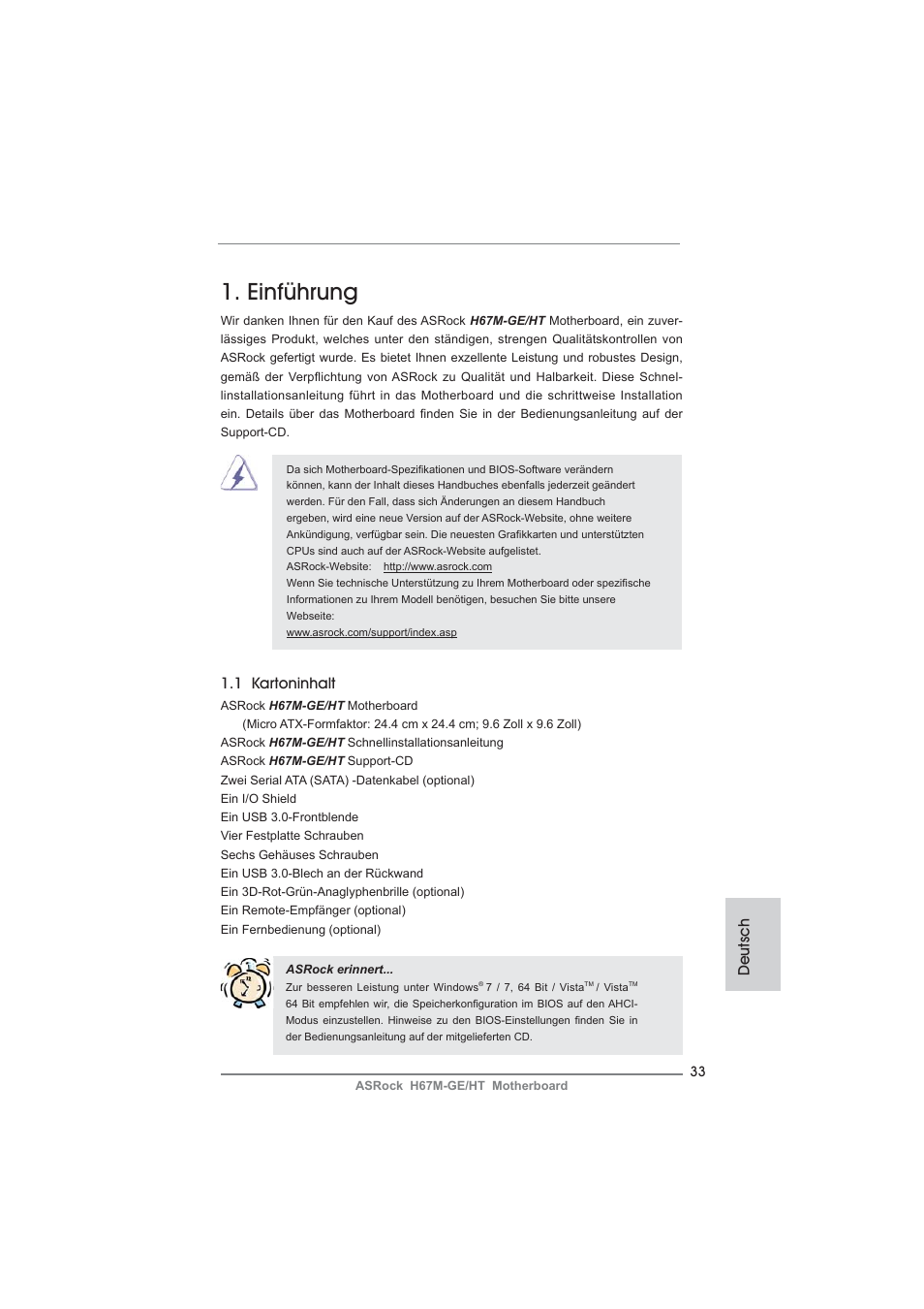 German, Einführung, Deutsch | 1 kartoninhalt | ASRock H67M-GE__HT User Manual | Page 33 / 271