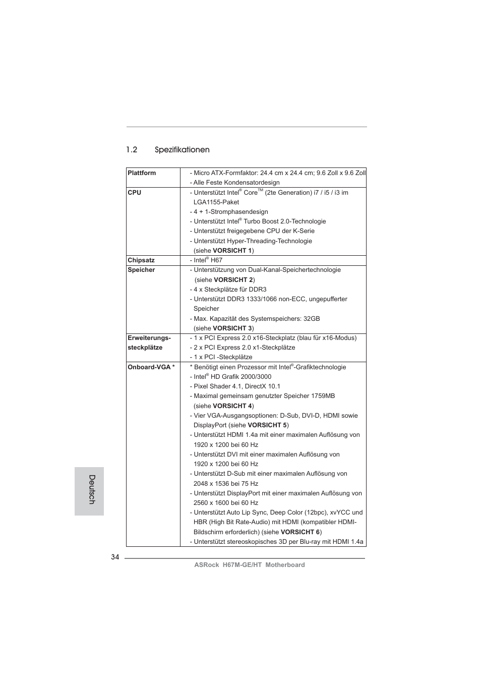 2 spezifikationen, Deutsch | ASRock H67M-GE__HT User Manual | Page 34 / 271