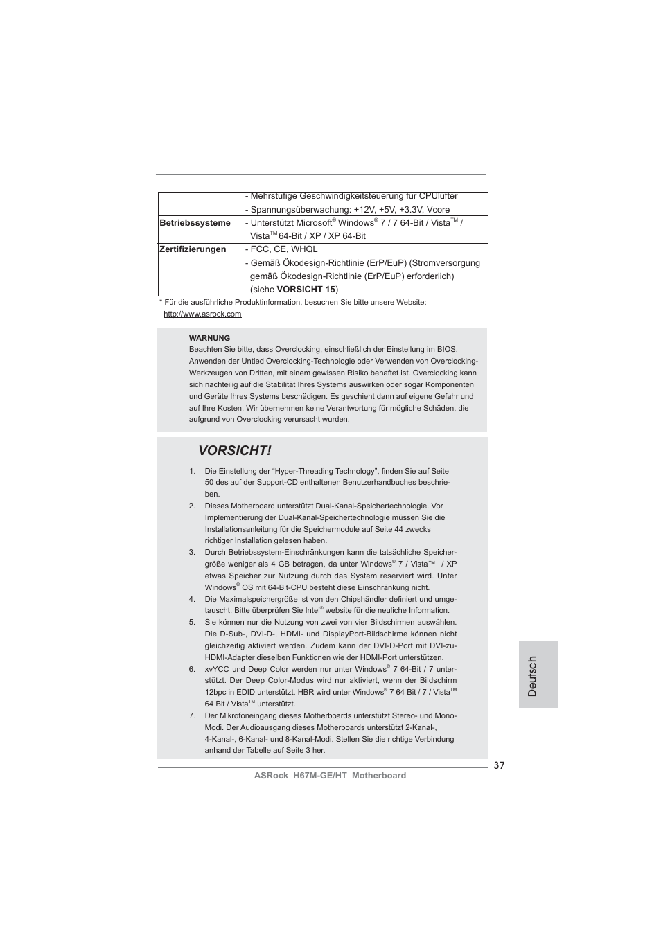 Vorsicht, Deutsch | ASRock H67M-GE__HT User Manual | Page 37 / 271
