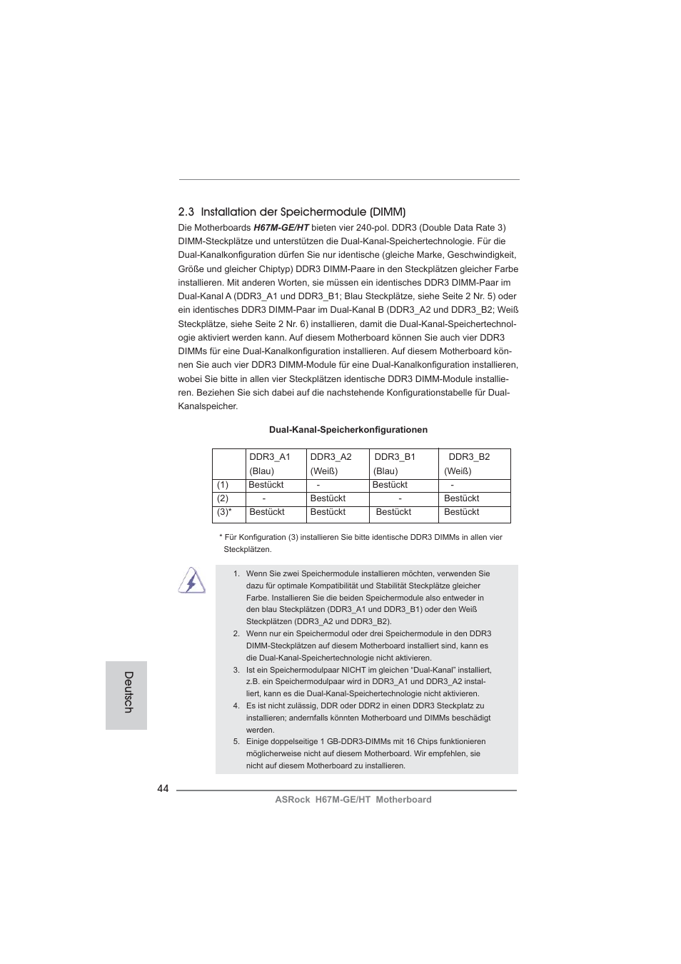 3 installation der speichermodule (dimm), Deutsch | ASRock H67M-GE__HT User Manual | Page 44 / 271