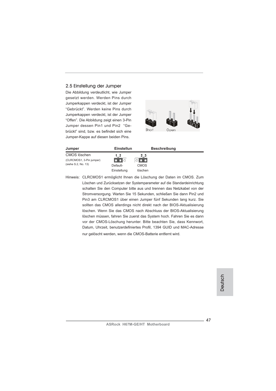 Deutsch 2.5 einstellung der jumper | ASRock H67M-GE__HT User Manual | Page 47 / 271