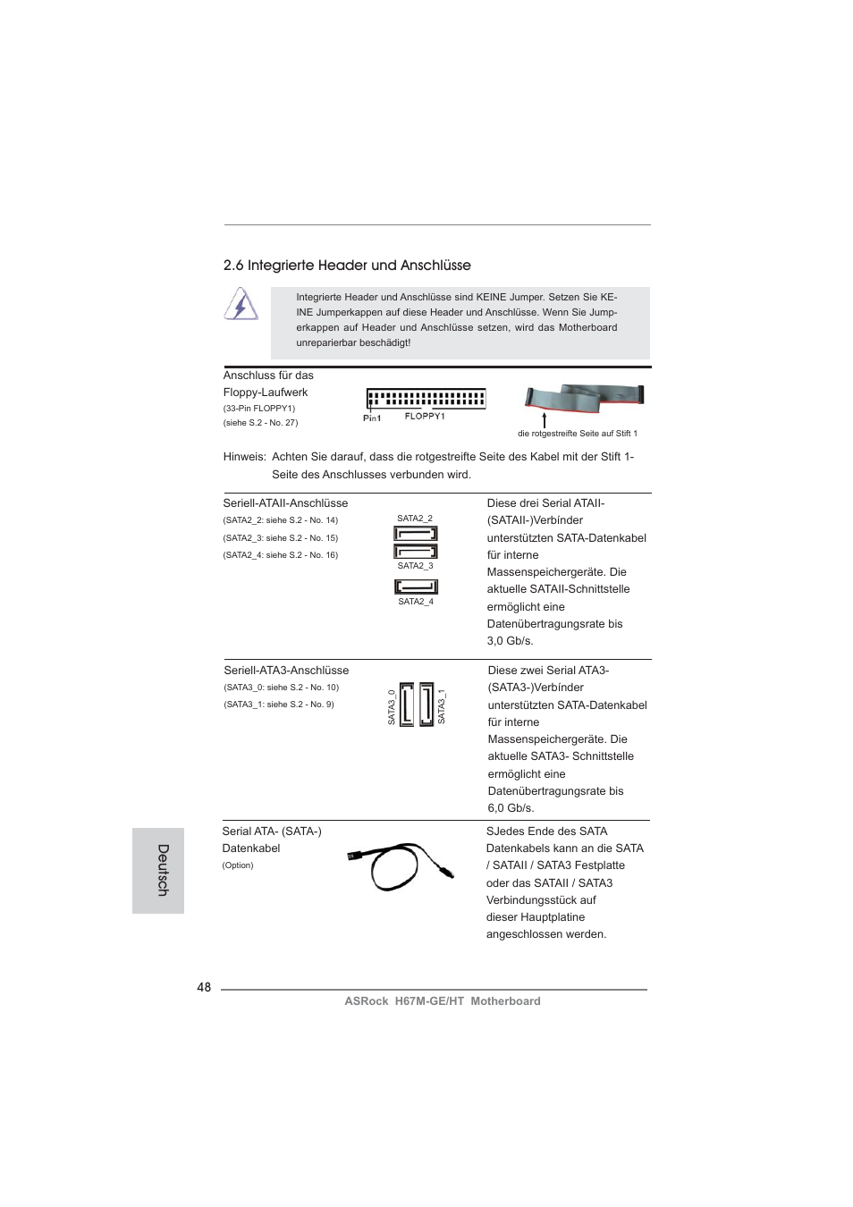 6 integrierte header und anschlüsse, Deutsch | ASRock H67M-GE__HT User Manual | Page 48 / 271