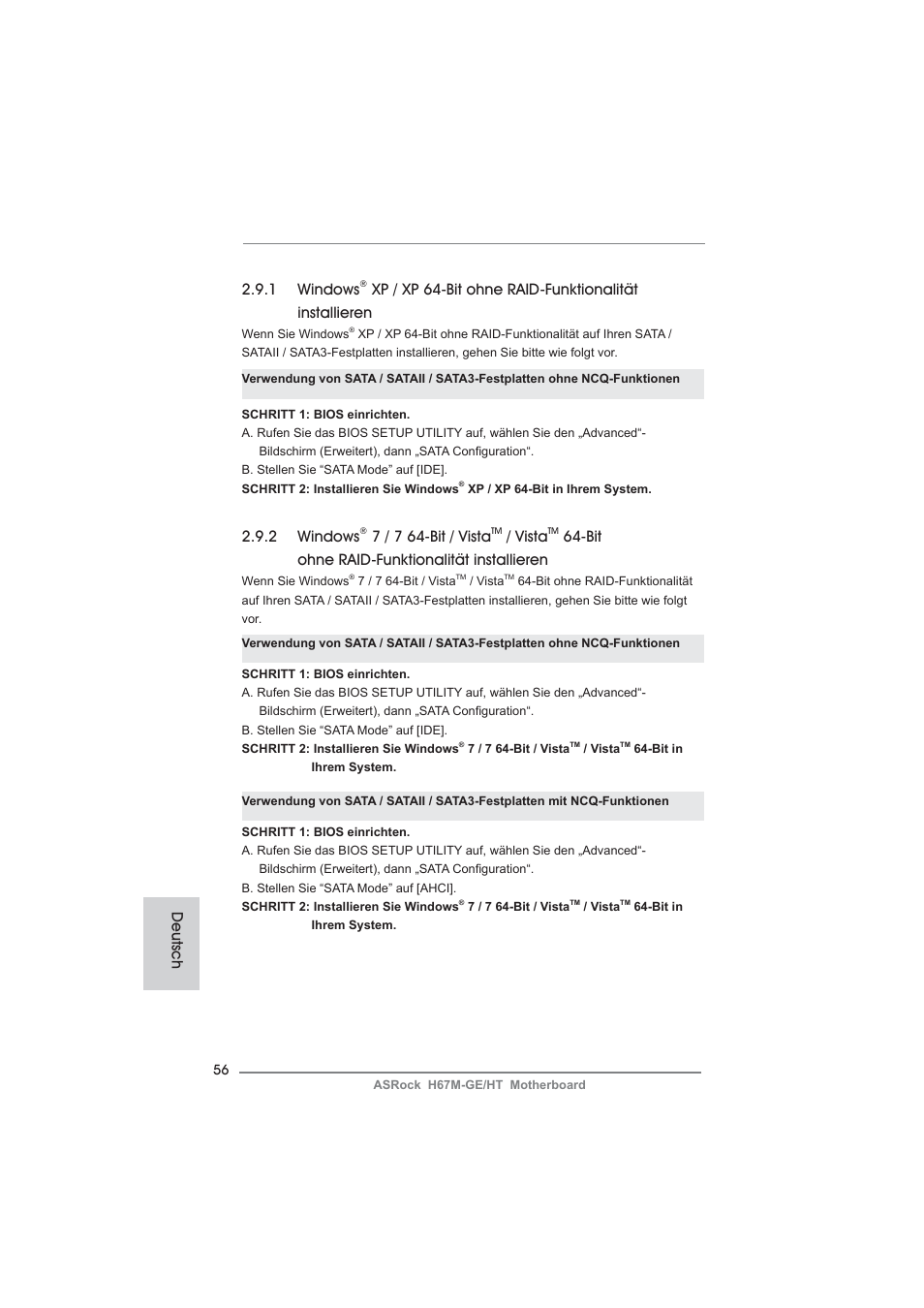 1 windows, 2 windows, 7 / 7 64-bit / vista | Vista, Bit ohne raid-funktionalität installieren, Deutsch | ASRock H67M-GE__HT User Manual | Page 56 / 271