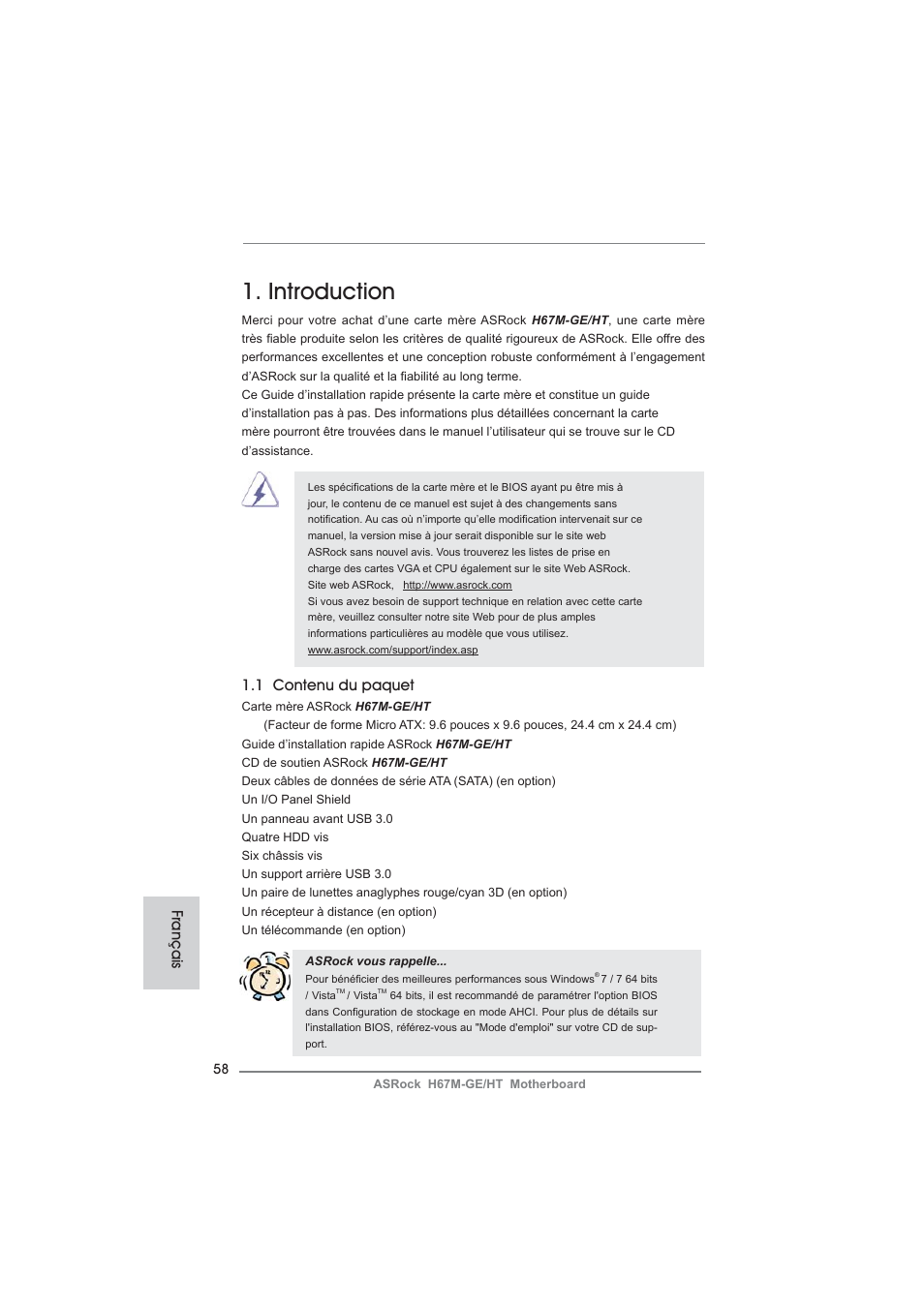 French, Introduction, 1 contenu du paquet | Français | ASRock H67M-GE__HT User Manual | Page 58 / 271