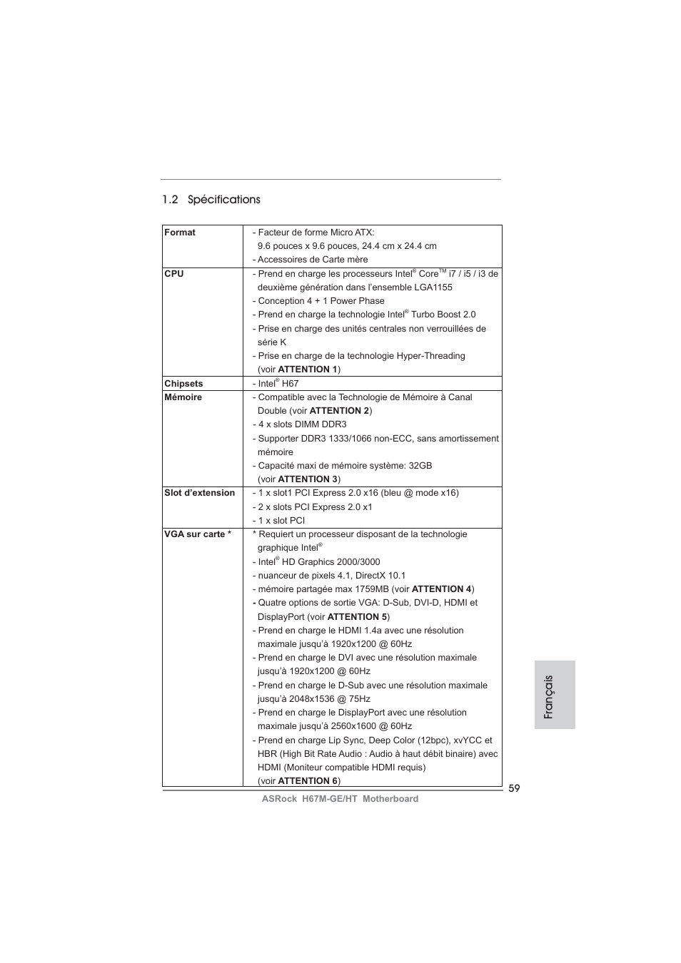Français 1.2 spécifications | ASRock H67M-GE__HT User Manual | Page 59 / 271