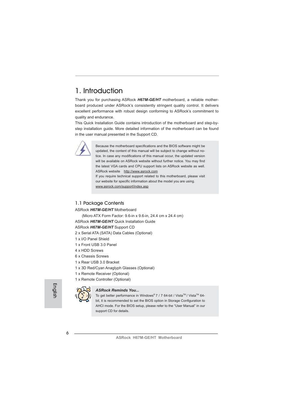 Introduction, 1 package contents, English | ASRock H67M-GE__HT User Manual | Page 6 / 271