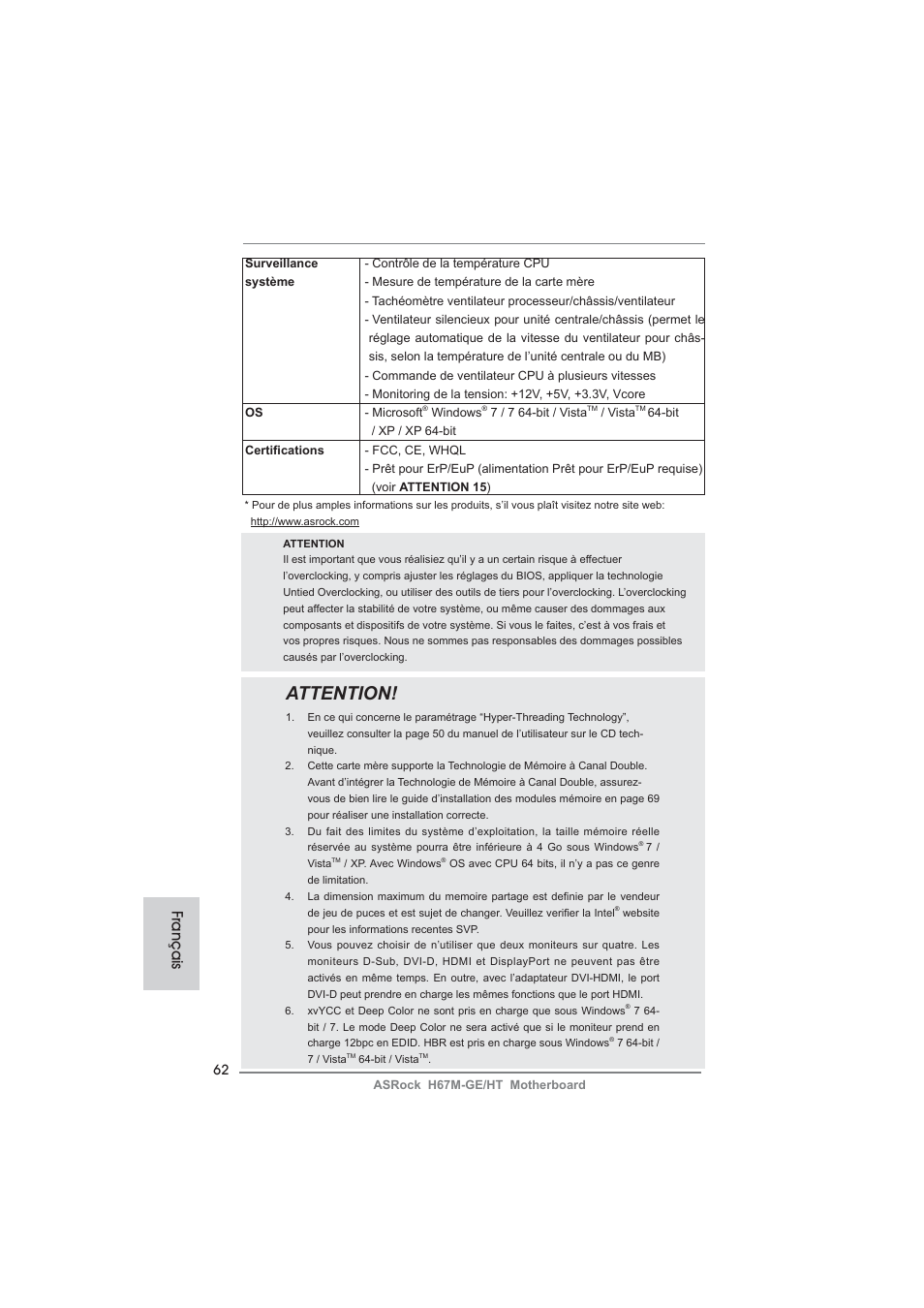 Attention, Français | ASRock H67M-GE__HT User Manual | Page 62 / 271