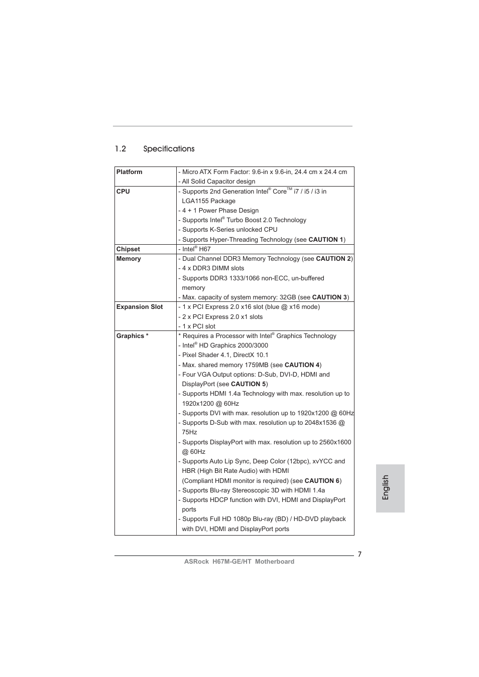 English 1.2 specifications | ASRock H67M-GE__HT User Manual | Page 7 / 271