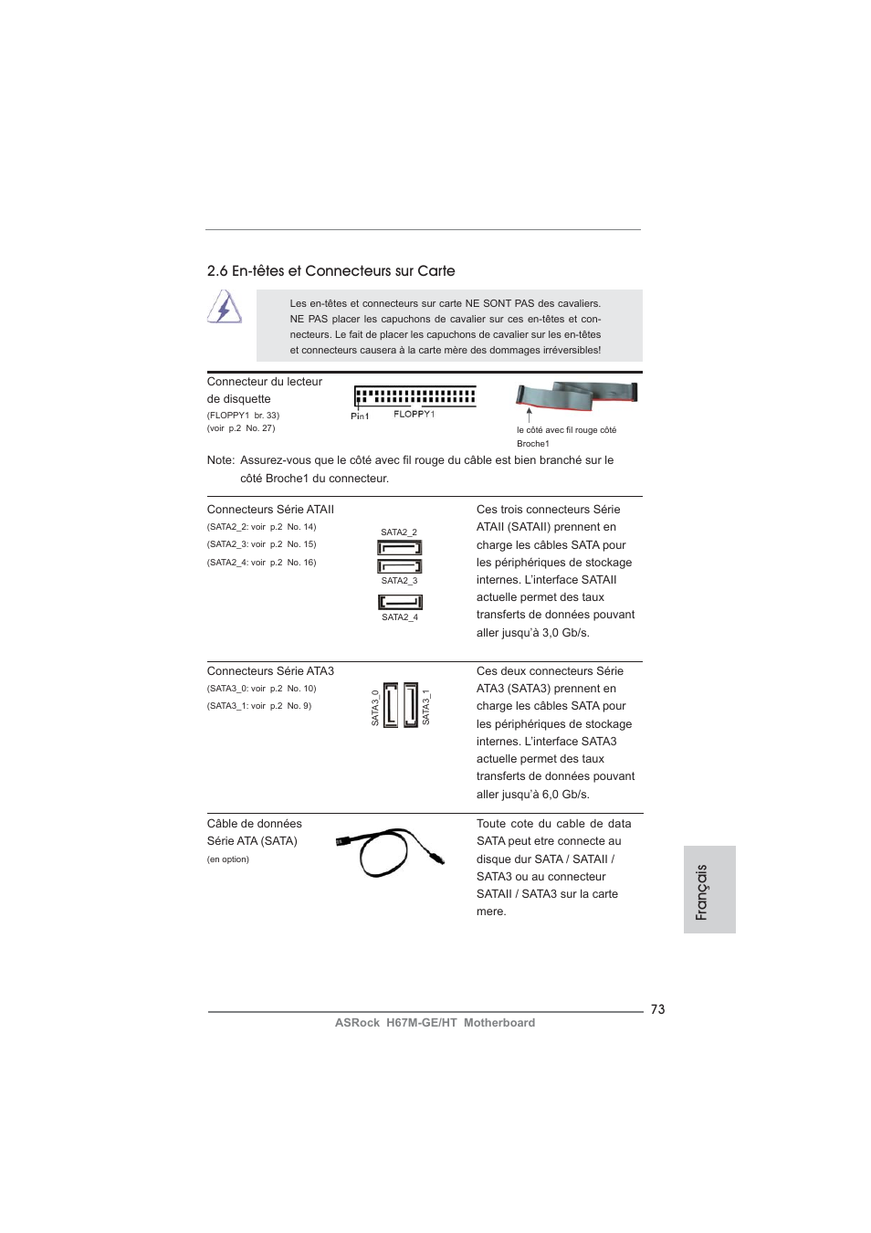 Français, 6 en-têtes et connecteurs sur carte | ASRock H67M-GE__HT User Manual | Page 73 / 271