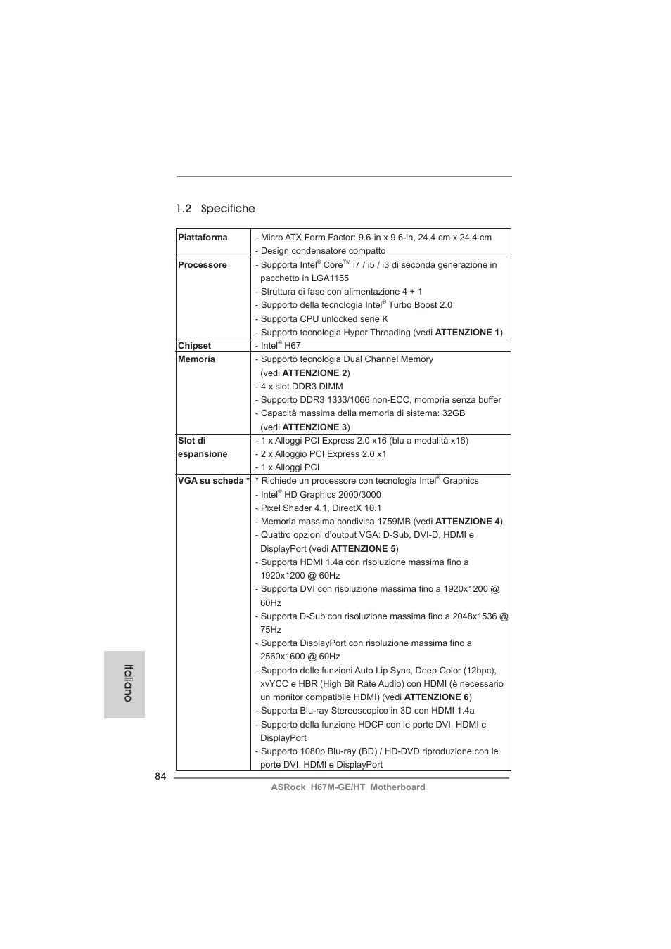 2 specifiche, Italiano | ASRock H67M-GE__HT User Manual | Page 84 / 271