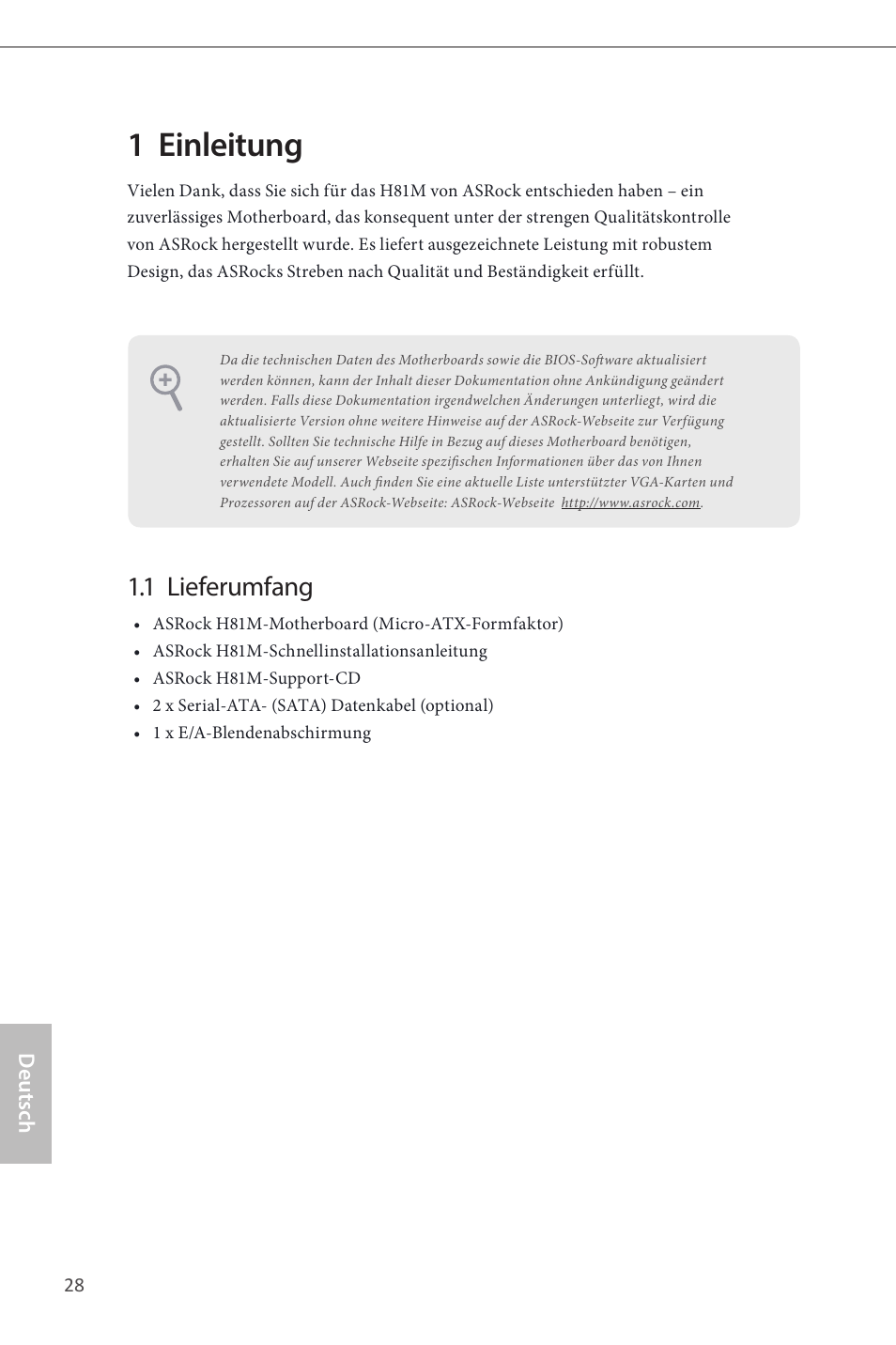 German, 1 einleitung, 1 lieferumfang | ASRock H81M User Manual | Page 30 / 163