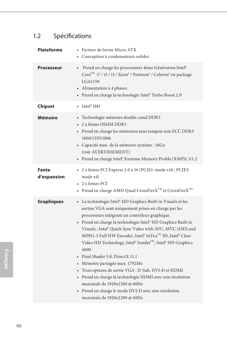 2 spécifications, Français | ASRock H81M User Manual | Page 42 / 163