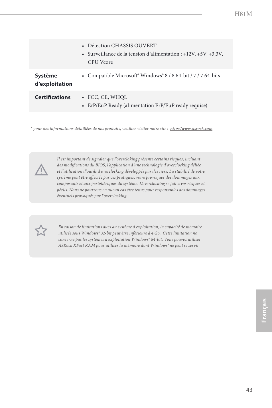 H 8 1m, Fr ançais | ASRock H81M User Manual | Page 45 / 163