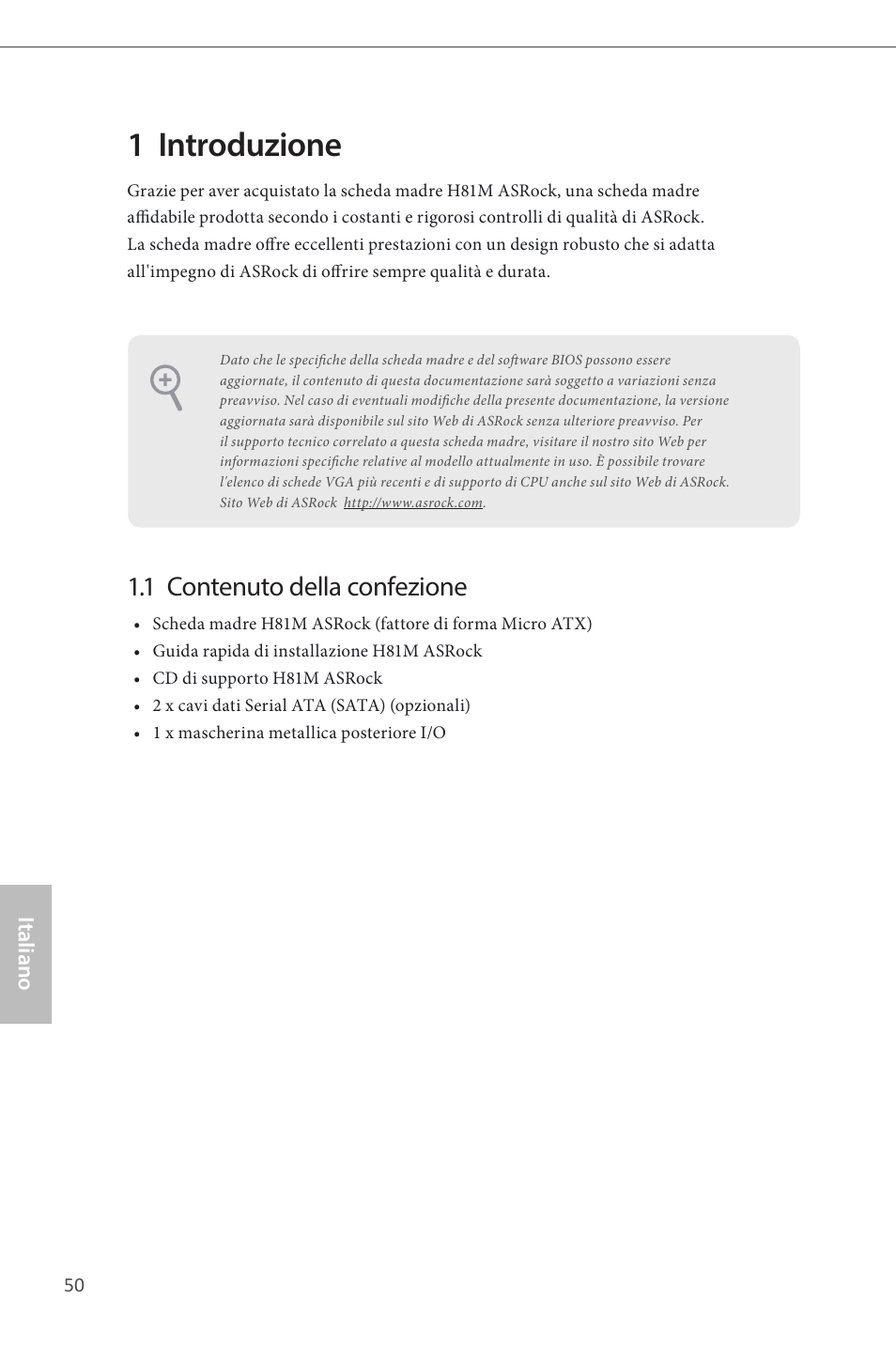 Italian, 1 introduzione, 1 contenuto della confezione | ASRock H81M User Manual | Page 52 / 163
