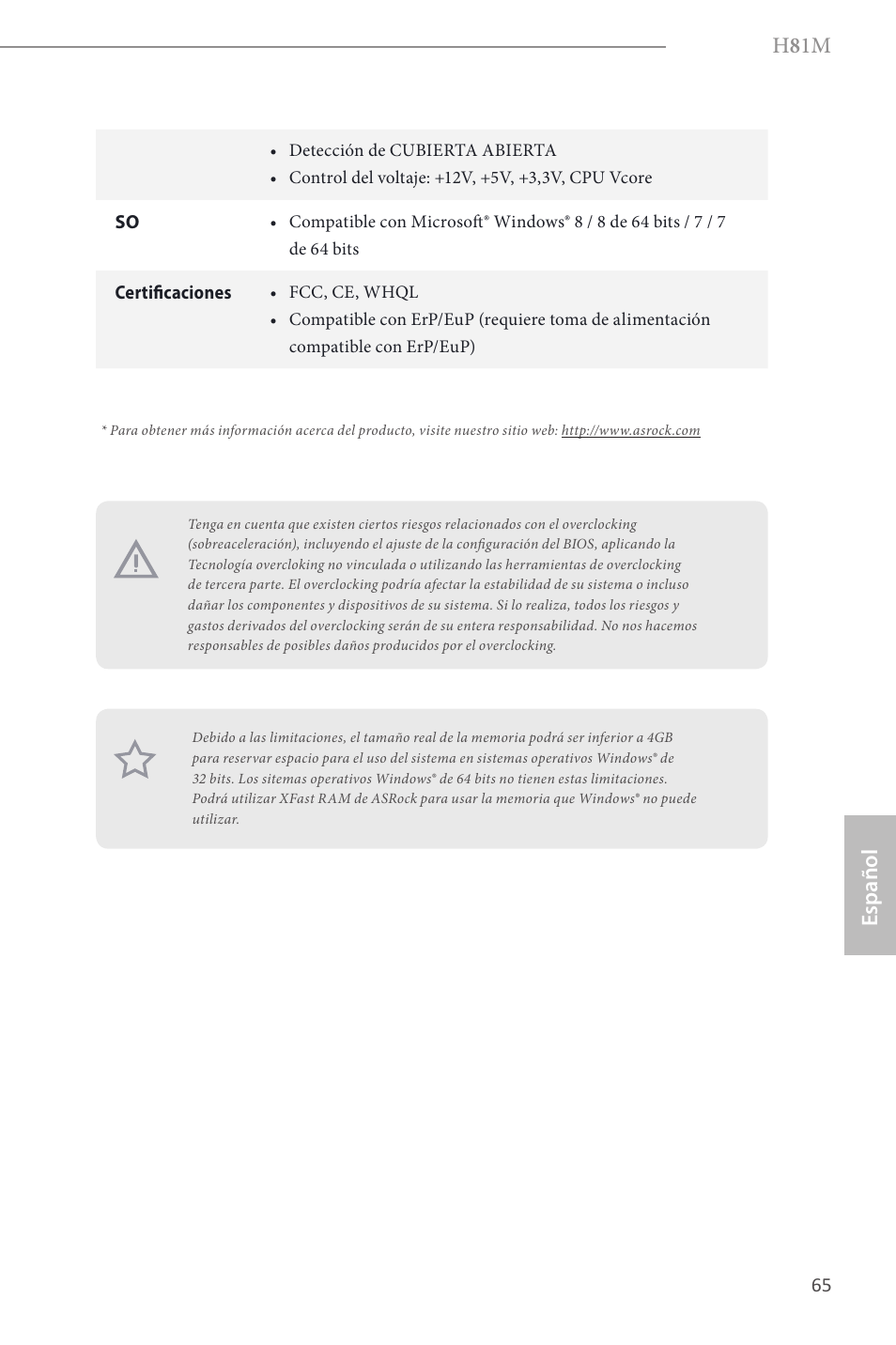 H 8 1m, Español | ASRock H81M User Manual | Page 67 / 163