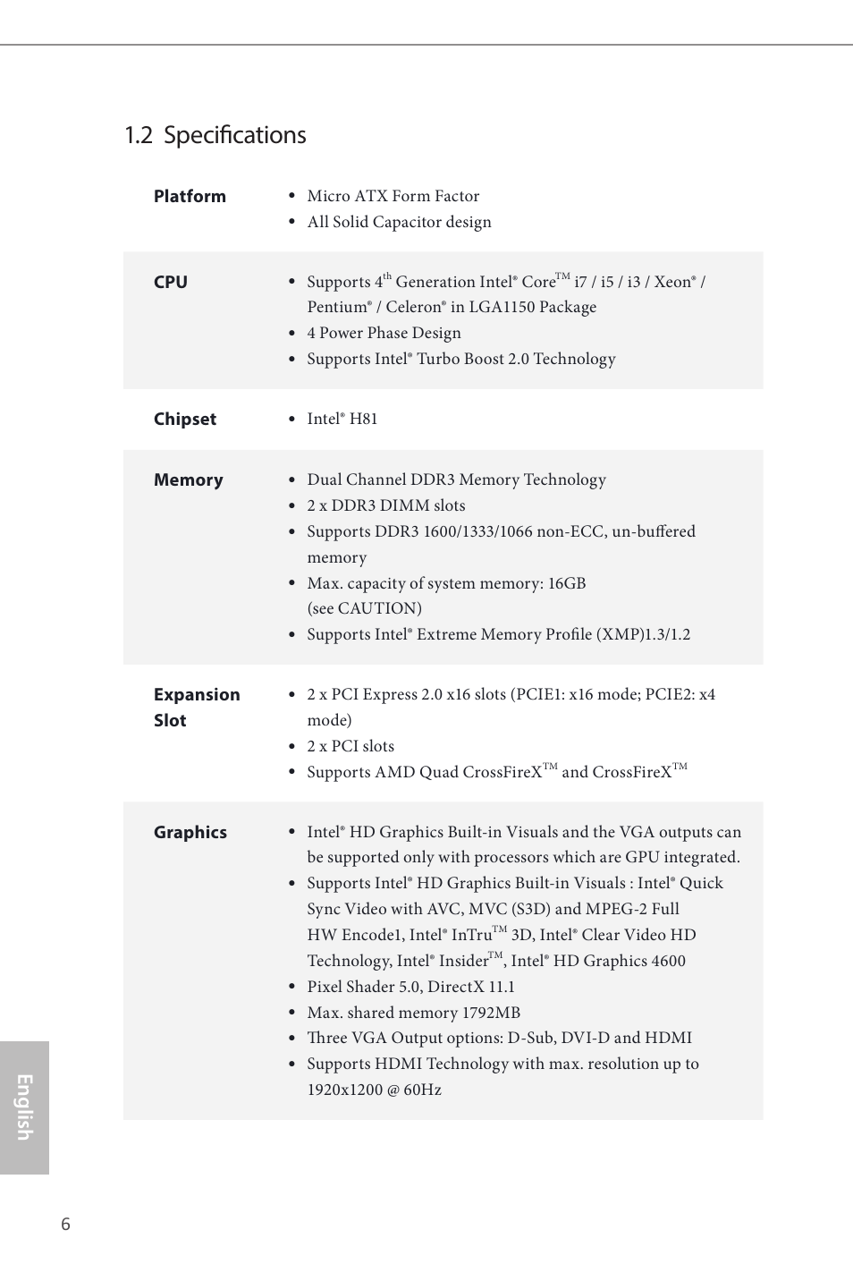 2 specifications, English | ASRock H81M User Manual | Page 8 / 163