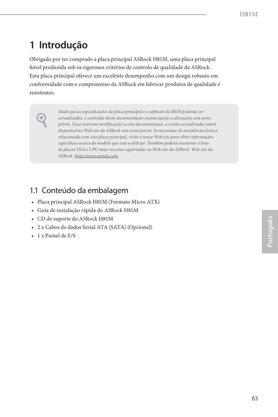 Portuguese, 1 introdução, 1 conteúdo da embalagem | ASRock H81M User Manual | Page 85 / 163