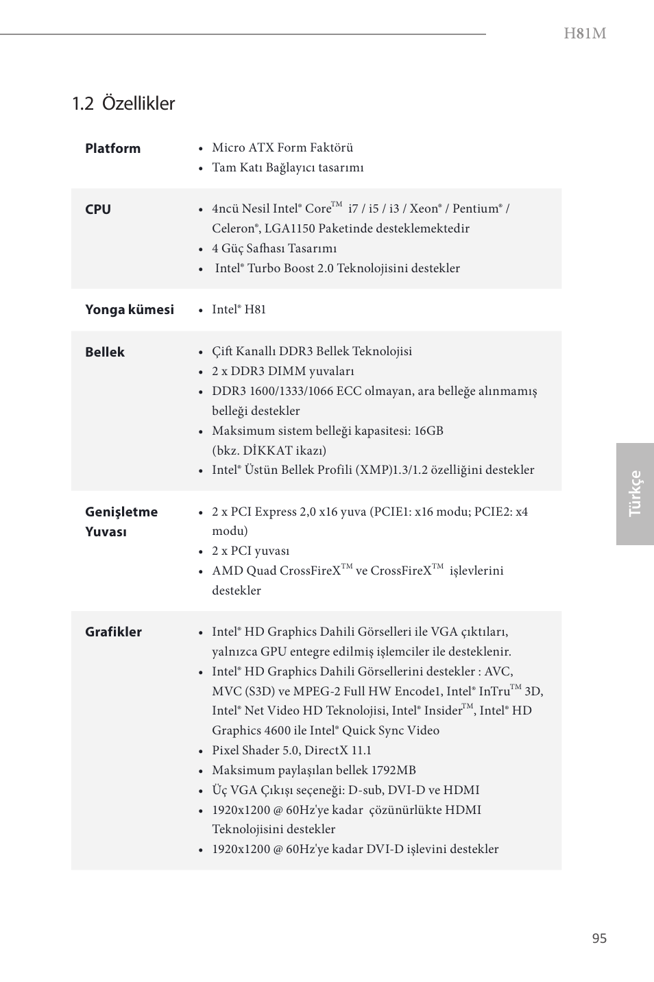 2 özellikler, H 8 1m, Türk çe | ASRock H81M User Manual | Page 97 / 163