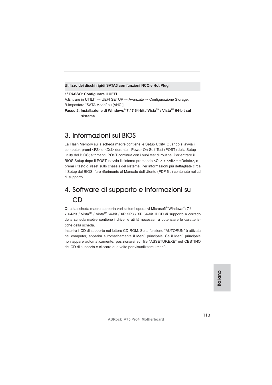 Informazioni sul bios, Software di supporto e informazioni su cd, Italiano | ASRock A75 Pro4 User Manual | Page 113 / 282