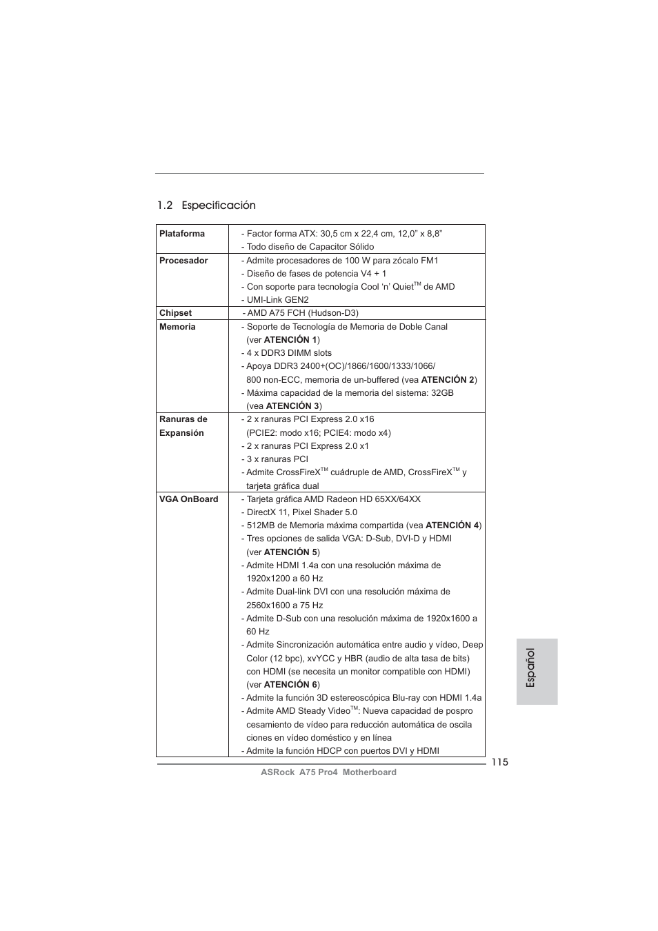 Español 1.2 especificación | ASRock A75 Pro4 User Manual | Page 115 / 282