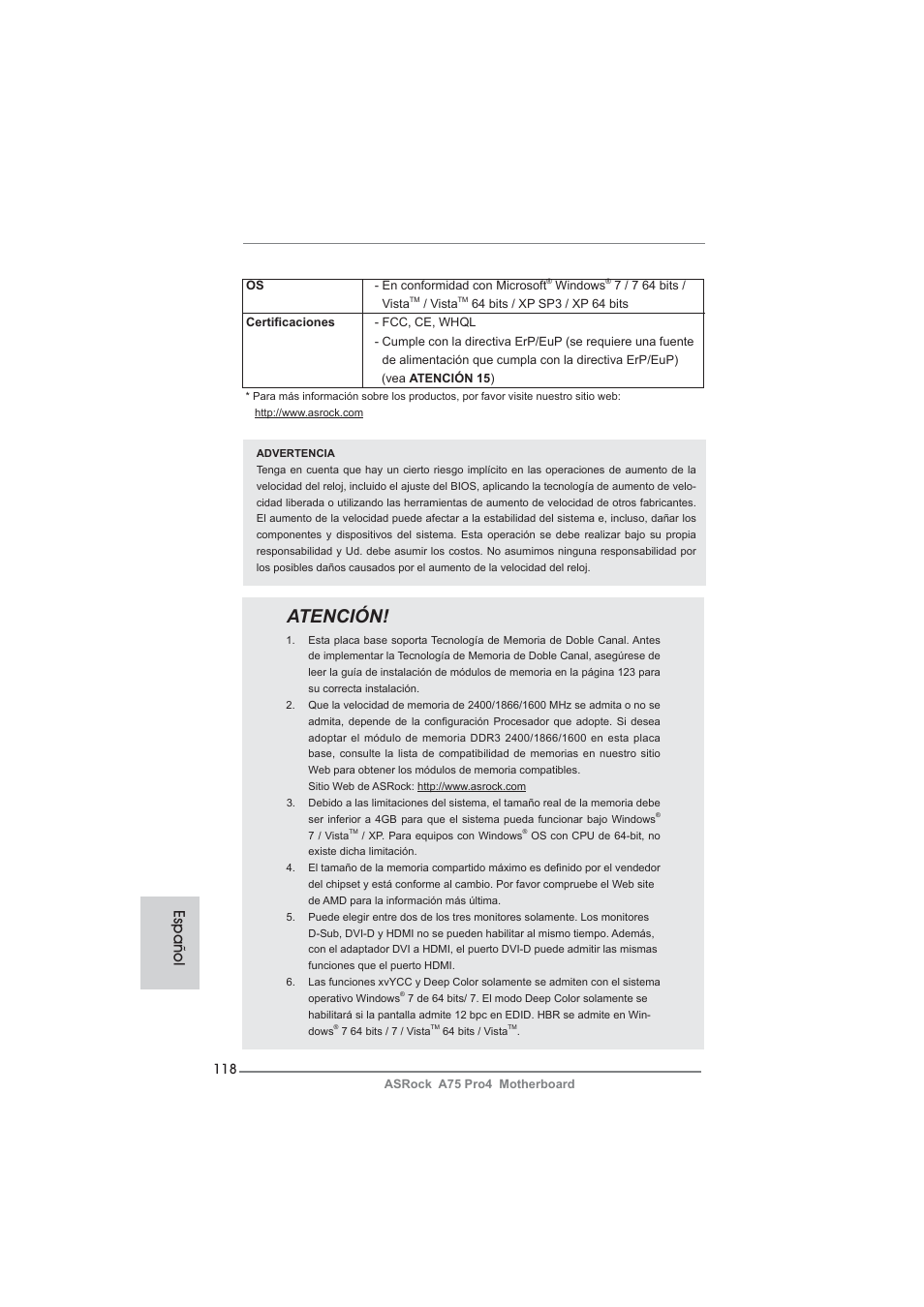 Atención, Español | ASRock A75 Pro4 User Manual | Page 118 / 282