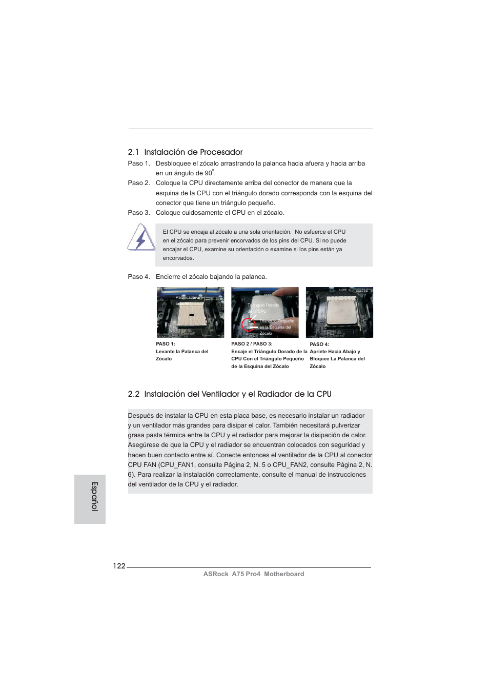 1 instalación de procesador, Español | ASRock A75 Pro4 User Manual | Page 122 / 282