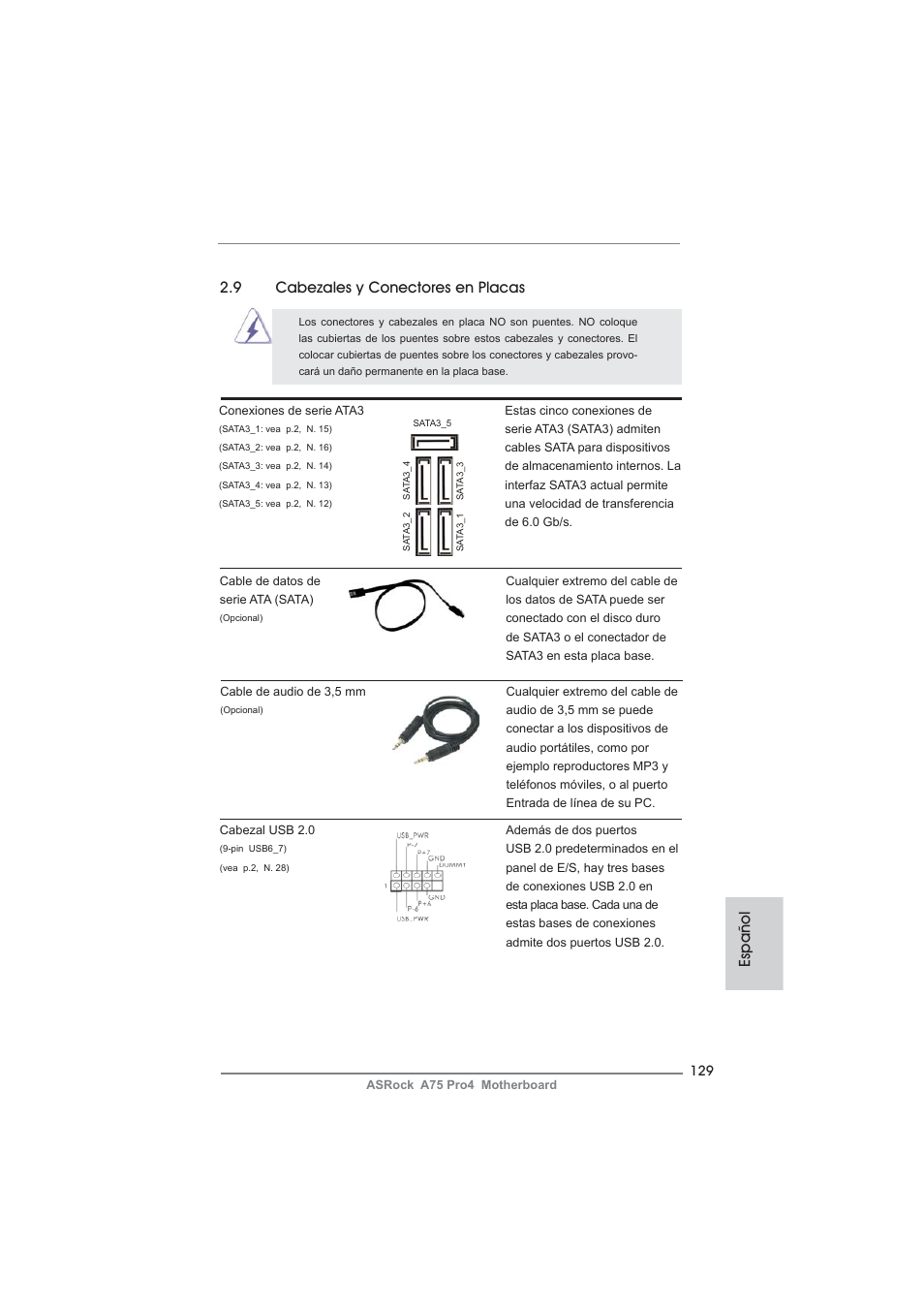 Español 2.9 cabezales y conectores en placas | ASRock A75 Pro4 User Manual | Page 129 / 282