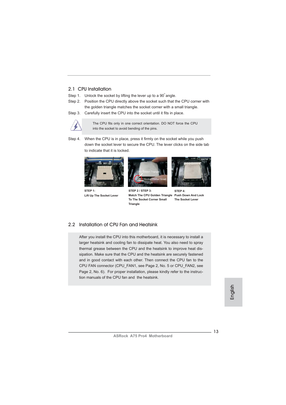 English 2.1 cpu installation, 2 installation of cpu fan and heatsink | ASRock A75 Pro4 User Manual | Page 13 / 282