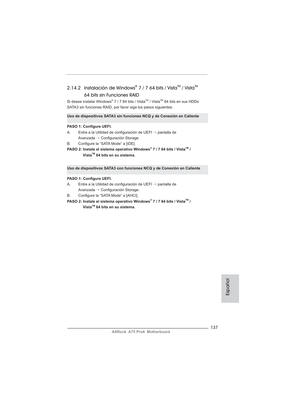Español 2.14.2 instalación de windows, 7 / 7 64 bits / vista, Vista | 64 bits sin funciones raid | ASRock A75 Pro4 User Manual | Page 137 / 282