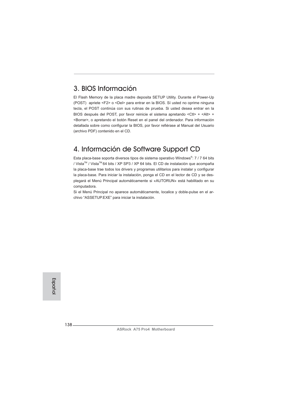 Bios información, Información de software support cd | ASRock A75 Pro4 User Manual | Page 138 / 282
