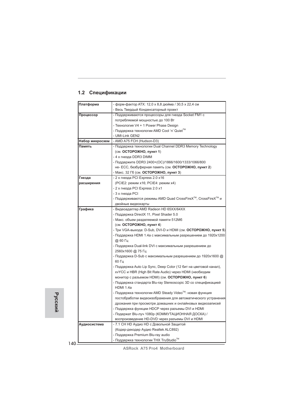 2 спецификации, Ру сский | ASRock A75 Pro4 User Manual | Page 140 / 282