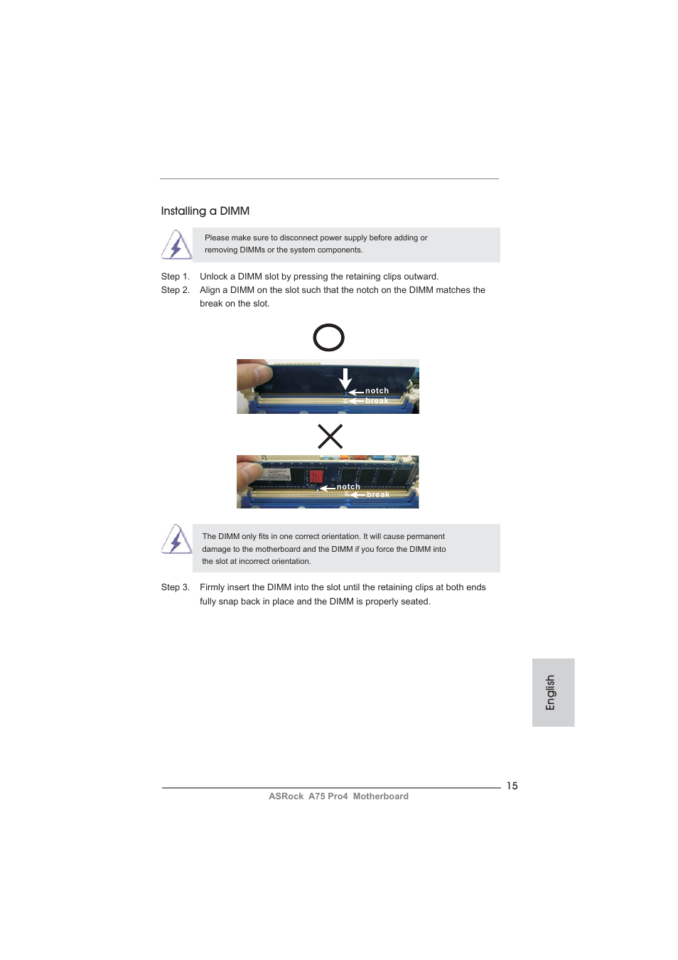 English installing a dimm | ASRock A75 Pro4 User Manual | Page 15 / 282