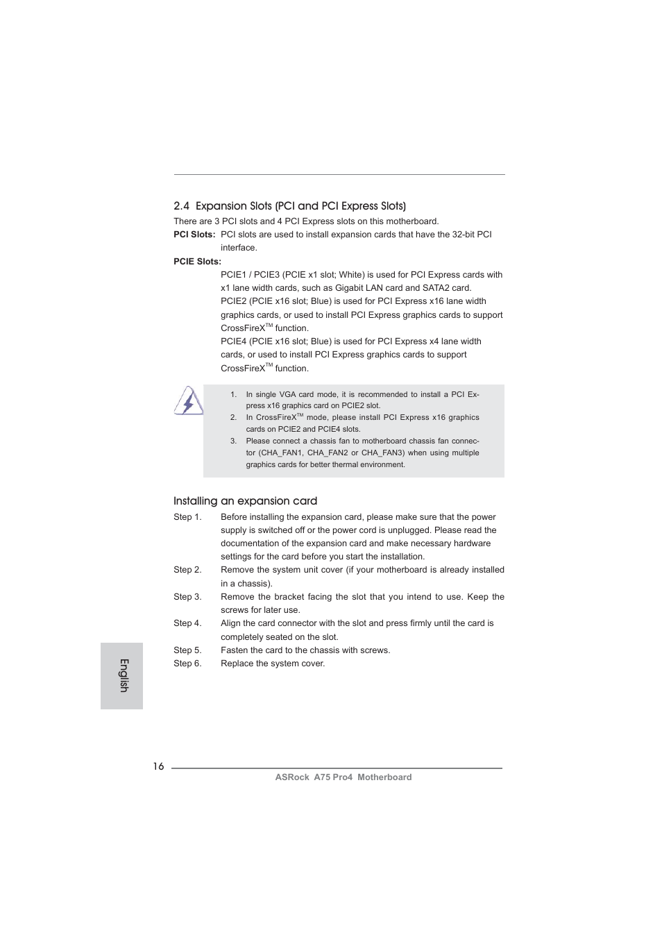 Installing an expansion card | ASRock A75 Pro4 User Manual | Page 16 / 282