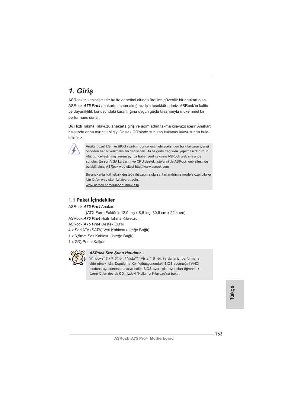 Turkish, Giriş | ASRock A75 Pro4 User Manual | Page 163 / 282