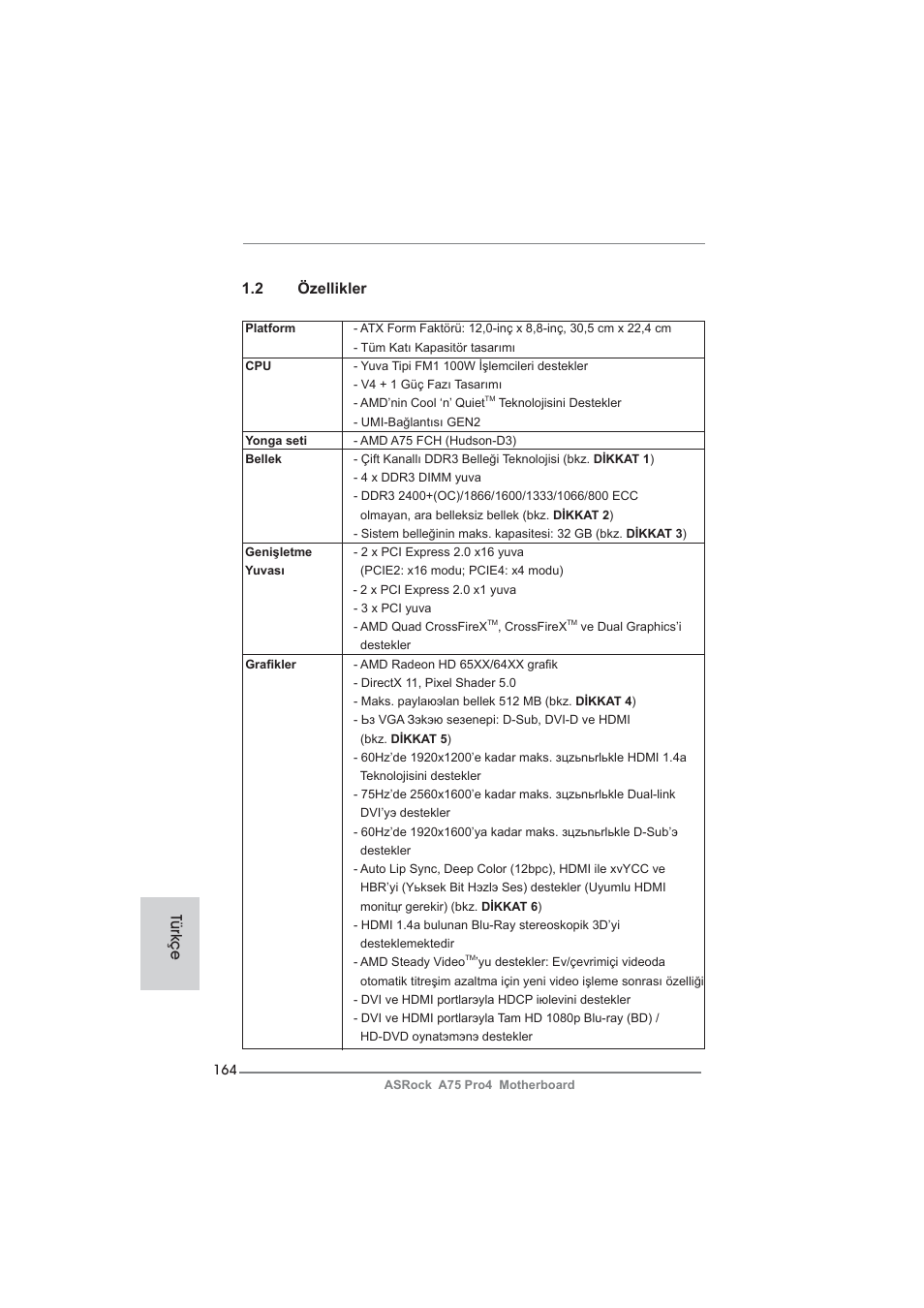 Türkçe 1.2 özellikler | ASRock A75 Pro4 User Manual | Page 164 / 282