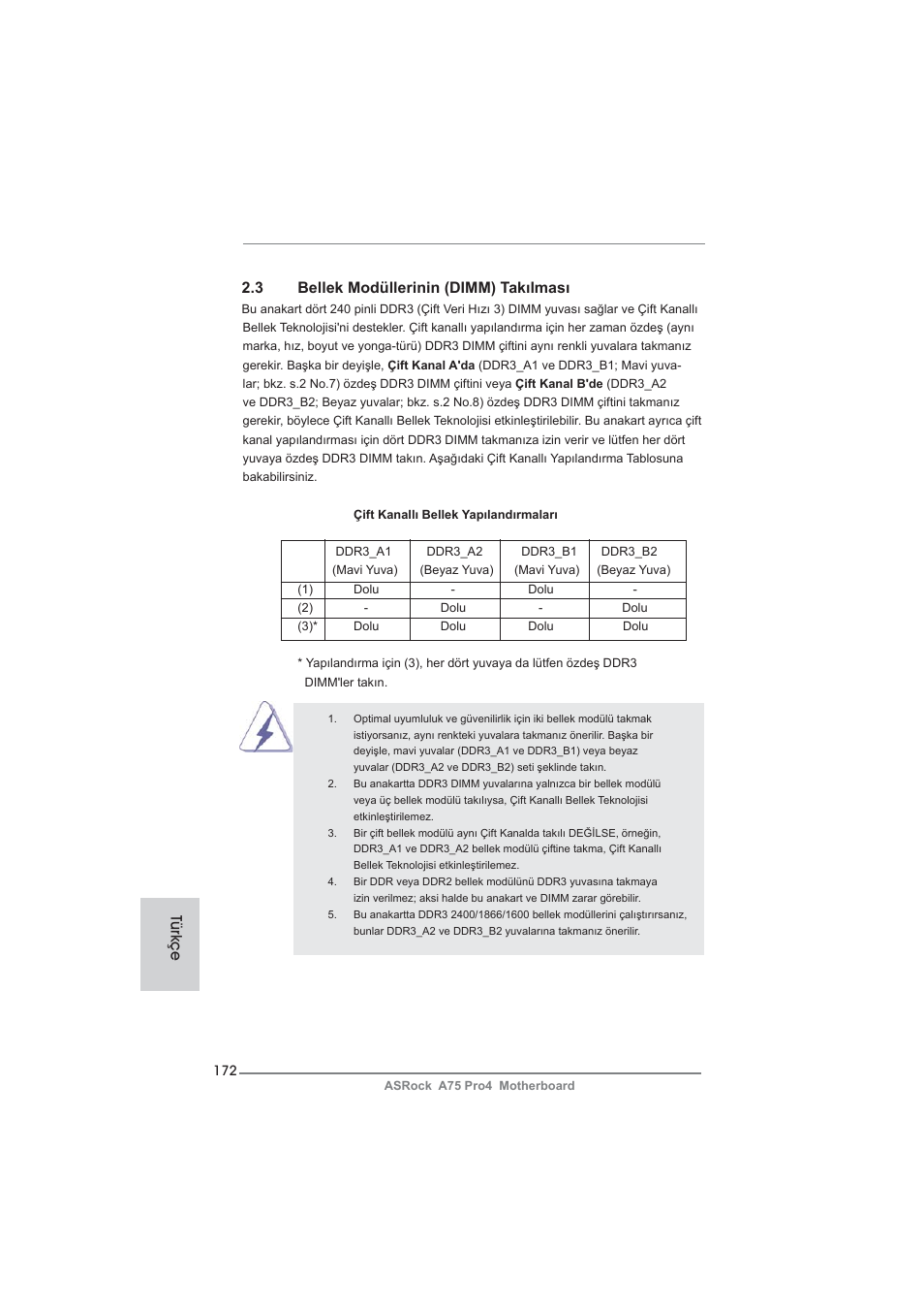 3 bellek modüllerinin (dimm) takılması, Türkçe | ASRock A75 Pro4 User Manual | Page 172 / 282