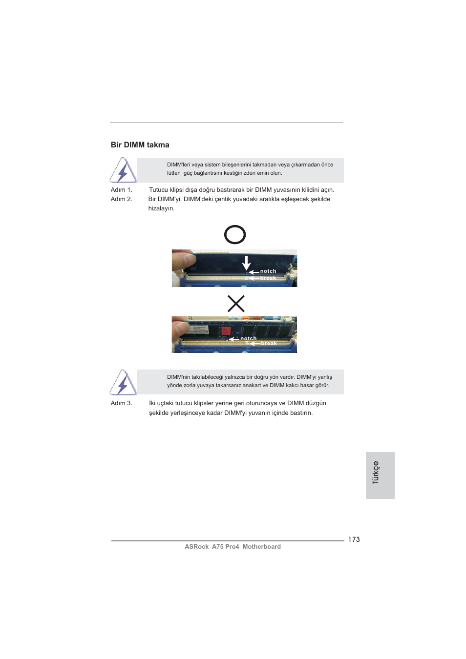 Bir dimm takma, Türkçe | ASRock A75 Pro4 User Manual | Page 173 / 282