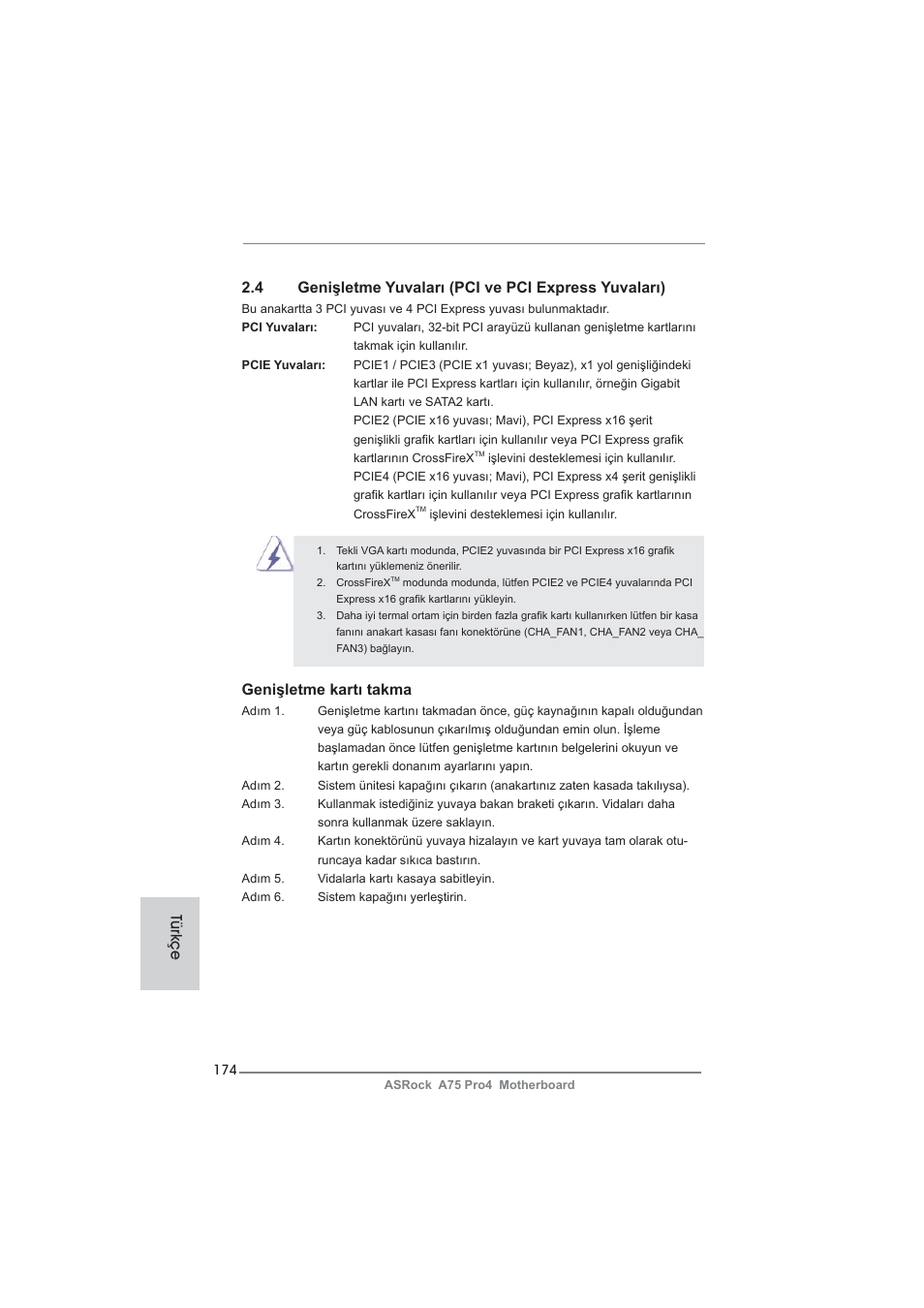 Genişletme kartı takma, Türkçe | ASRock A75 Pro4 User Manual | Page 174 / 282