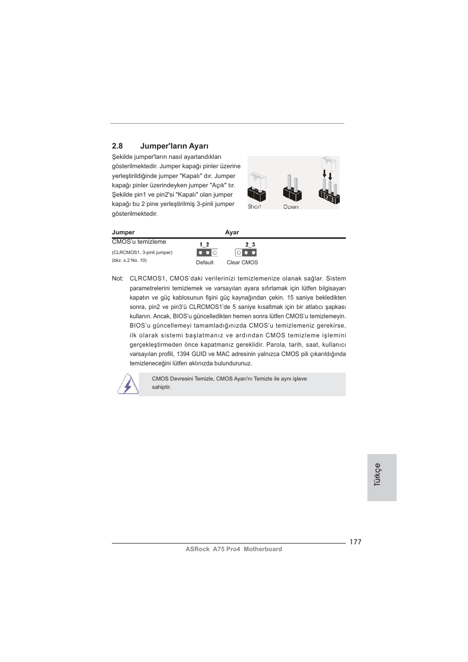 Türkçe 2.8 jumper'ların ayarı | ASRock A75 Pro4 User Manual | Page 177 / 282