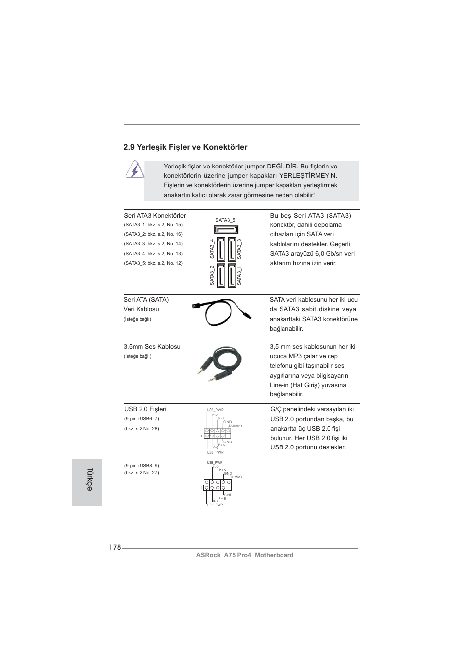 Türkçe, 9 yerleşik fişler ve konektörler | ASRock A75 Pro4 User Manual | Page 178 / 282
