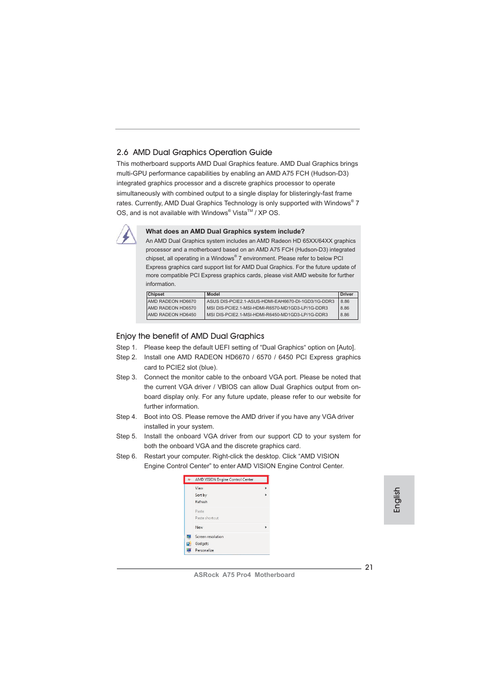 English 2.6 amd dual graphics operation guide, Enjoy the benefit of amd dual graphics | ASRock A75 Pro4 User Manual | Page 21 / 282