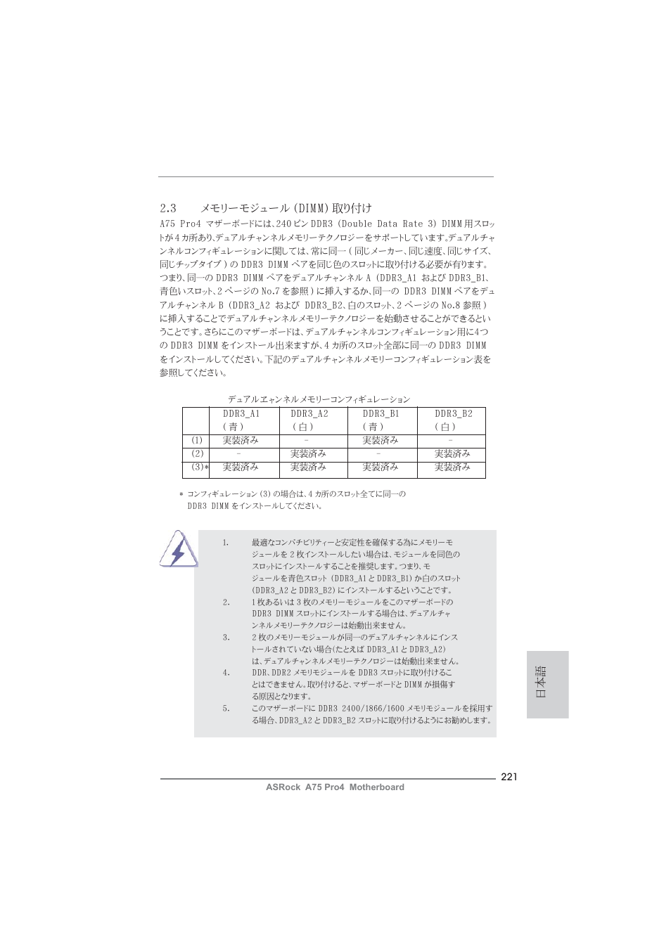 3 メモリーモジュール (dimm) 取り付け | ASRock A75 Pro4 User Manual | Page 221 / 282