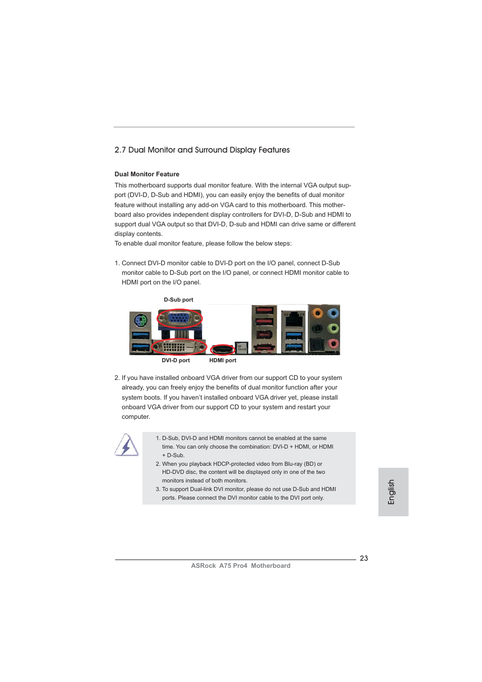 English, 7 dual monitor and surround display features | ASRock A75 Pro4 User Manual | Page 23 / 282