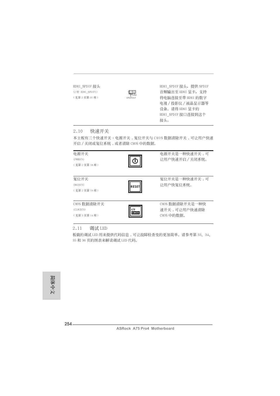 10 快速開關, 簡體中文 2.11 調試 led | ASRock A75 Pro4 User Manual | Page 254 / 282