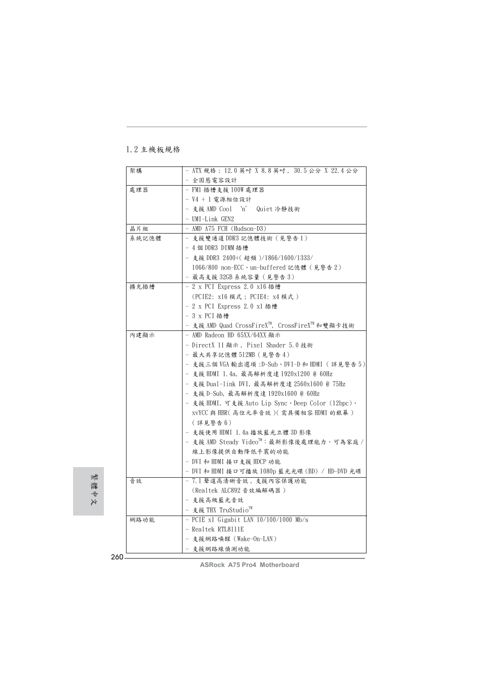 2 主機板規格, 繁體中文 | ASRock A75 Pro4 User Manual | Page 260 / 282